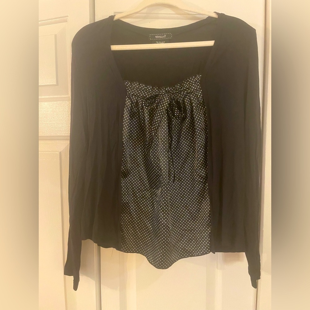Preloved, no sign of wear black top with vintage inspired polka dot silk detail